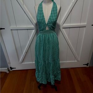 Zesica Green Gingham Halter Dress